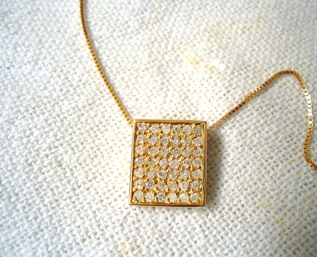 Square gold pendant fully paved with diamonds on a fine chain, contemporary designer fine jewelry